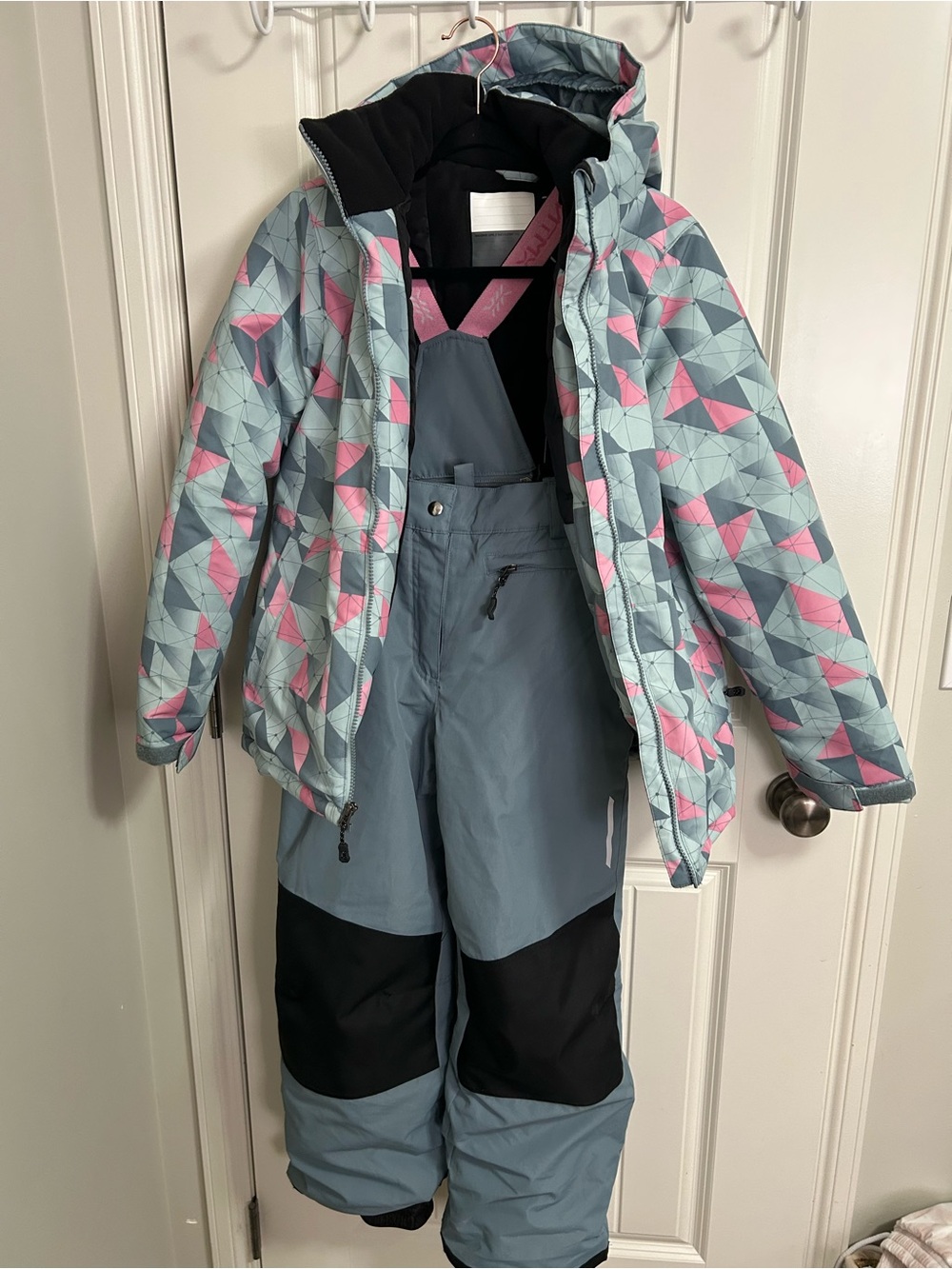 Kids Geometric Light Blue & Pink Winter Jacket and Bib Snow Pants Set